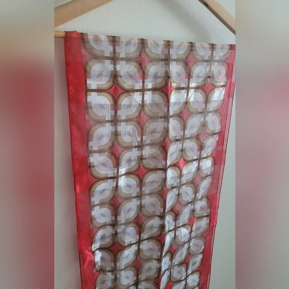 Silky Semi Sheer Patterned Scarf, Red, Cream & Tan